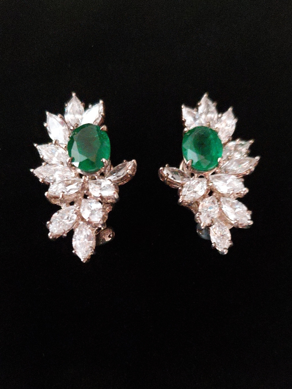 925 Sterling Silver Green & Clear Crystal Statement Clip-On Earrings